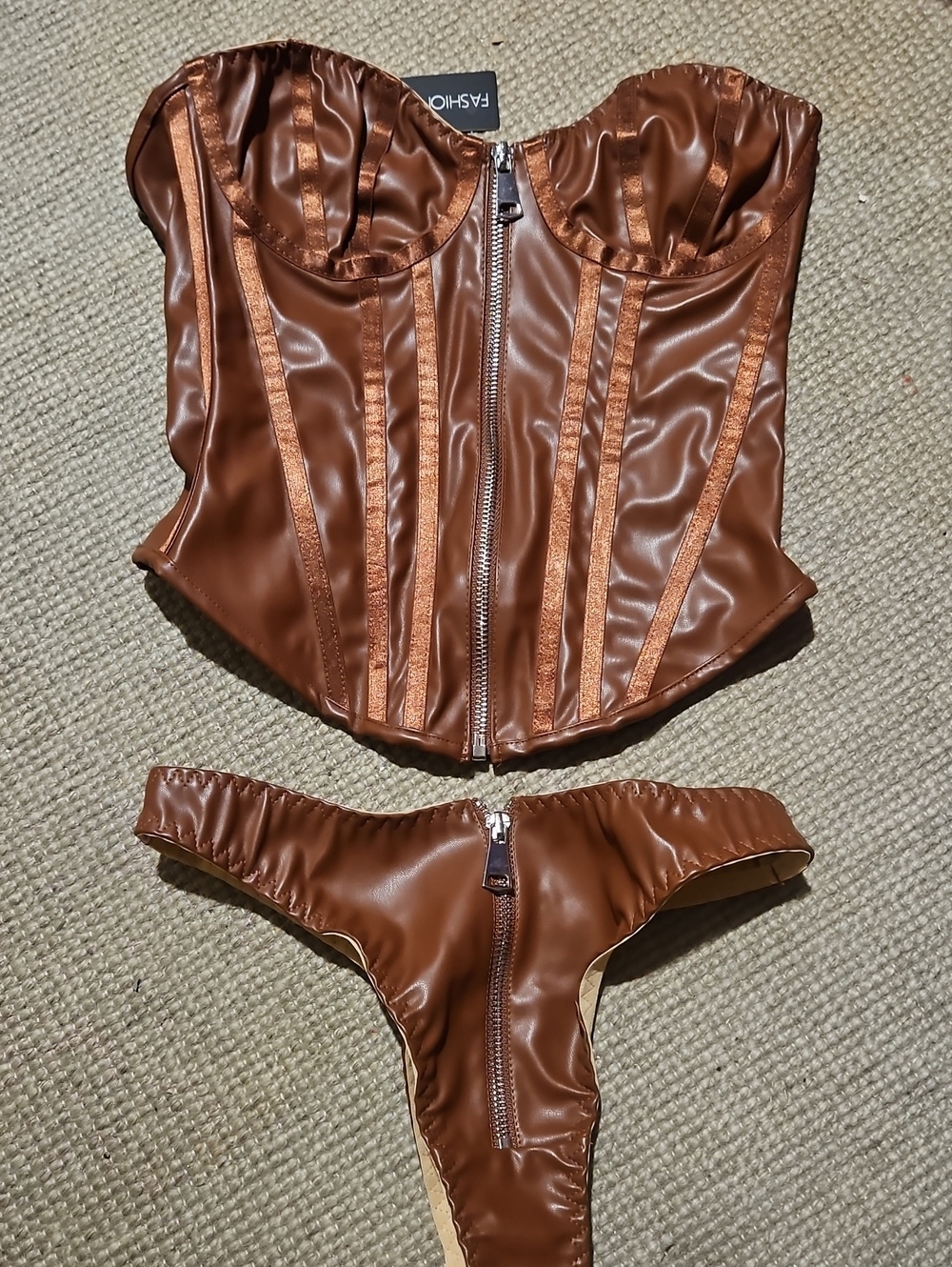 Fashion Nova Copper Brown Faux Leather Corset & Thong Set